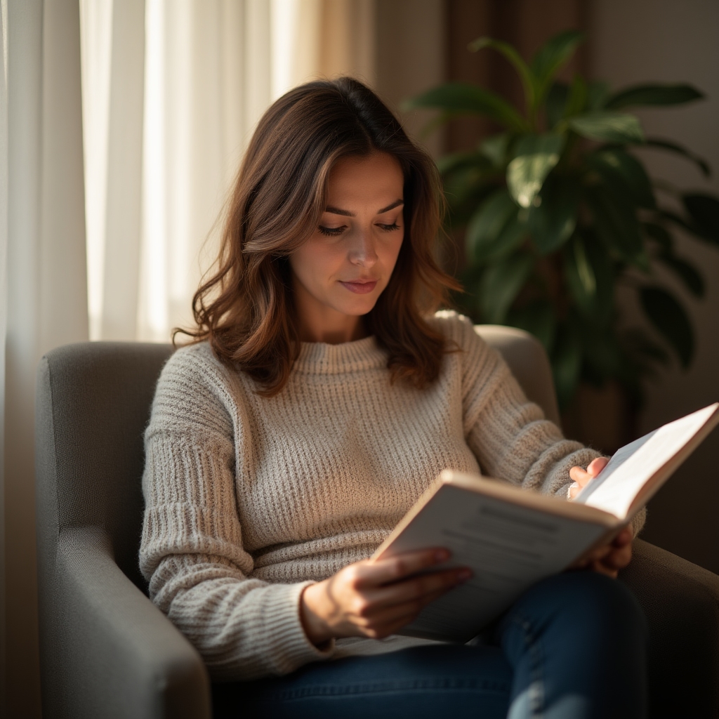 Femeie adultă citind un ghid educațional despre obiceiuri financiare, așezată confortabil lângă o fereastră luminoasă.